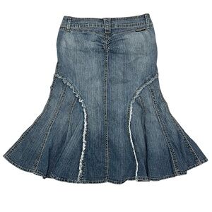 VTG Y2K Rewind Pleated Mermaid silhouette Medium Wash Denim Midi Skirt Size 3